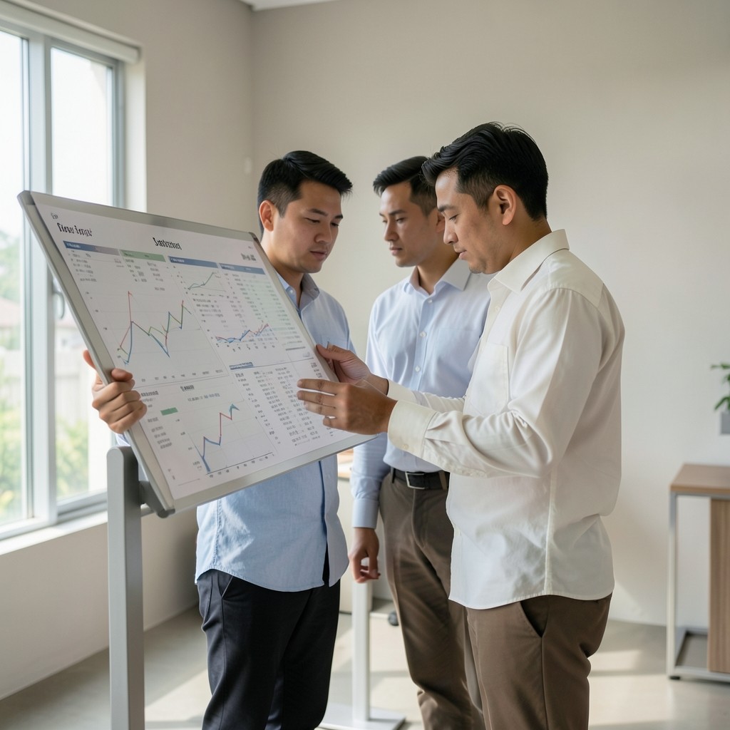 Two analysts comparing printed spend boards in a bright Bang Lamung workspace
