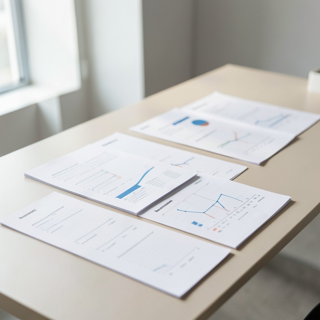 Analyst reviewing printed ad spend charts on a bright studio desk in soft daylight