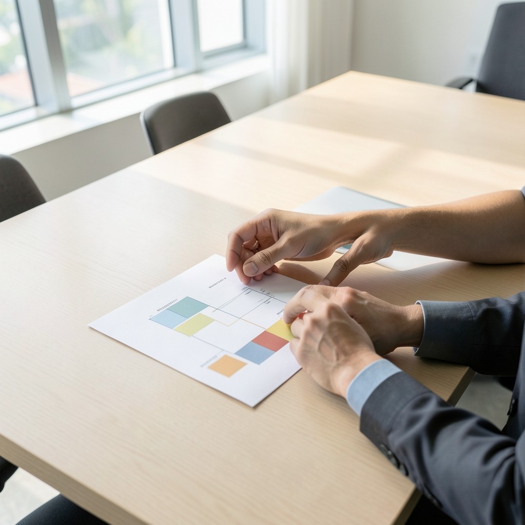 Hands arranging channel mix printouts on a light conference table