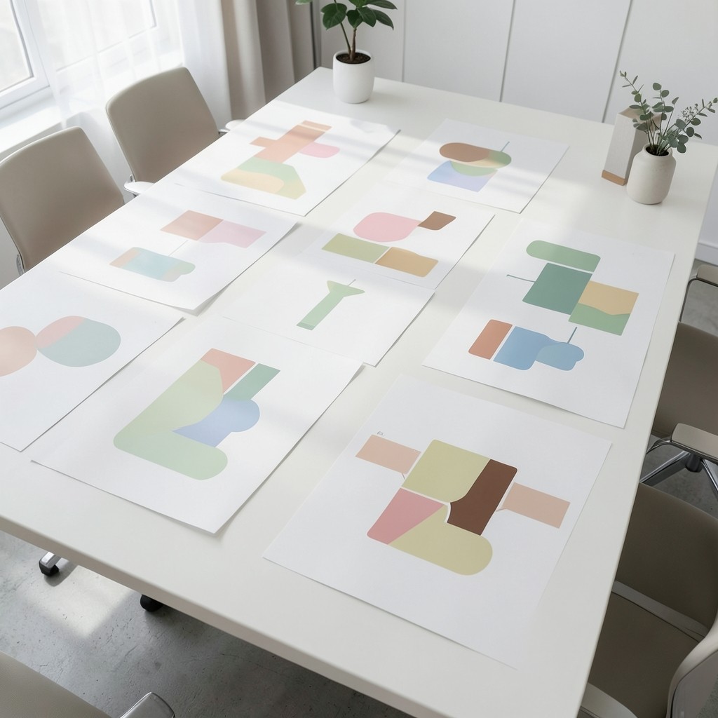 Color-coded channel mix diagrams on a conference table