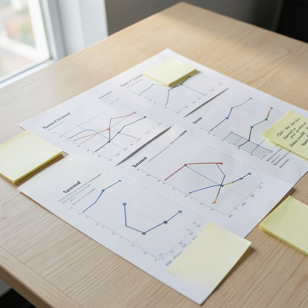 Printed media spend charts and notes arranged on a light wood desk