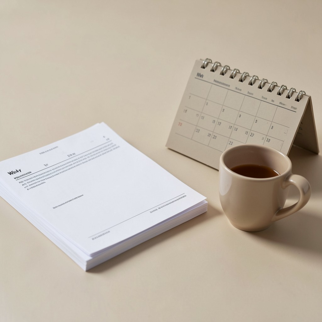 Weekly briefing printouts beside a calendar and coffee cup