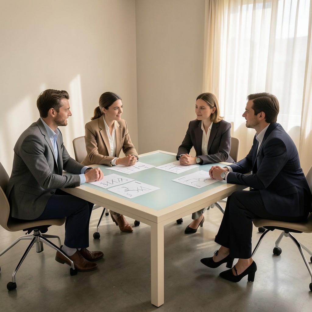 Small team workshop around a table with printed spend charts
